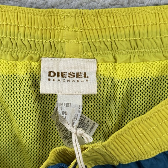 Diesel Beachwear Shorts Mens Large Blue Yellow Mesh Lined Swim Trunks Drawstring - Picture 3 of 10